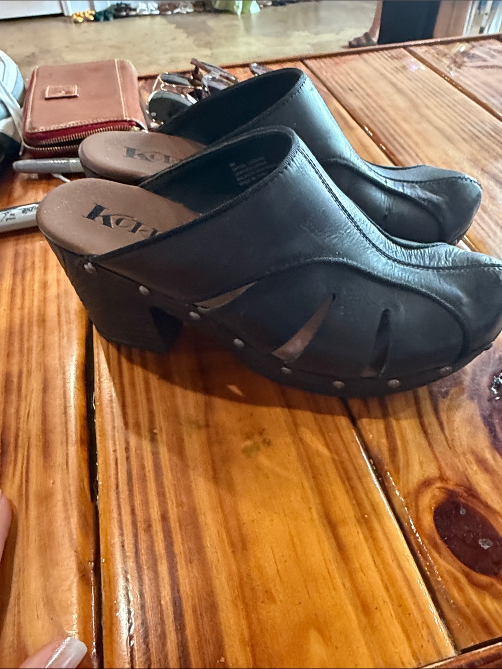 Kork-Ease Black Leather Slip-On Clog Mules